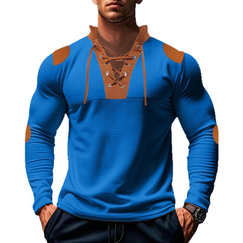 Casual long sleeve Henley shirt for men with an original lace-up design and contrasting elbow patches Lune London