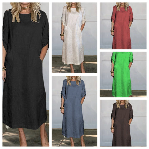 Women Casual Linen Midi Dress with Side Pockets and Roll-Up Sleeves Chic & Stil