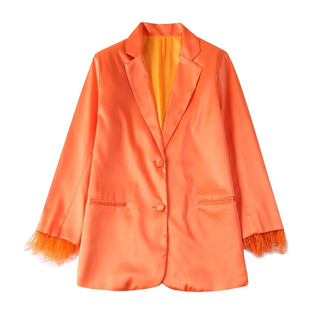 Women's Satin One-Button Blazer with Feather Trim on Sleeves Amarae