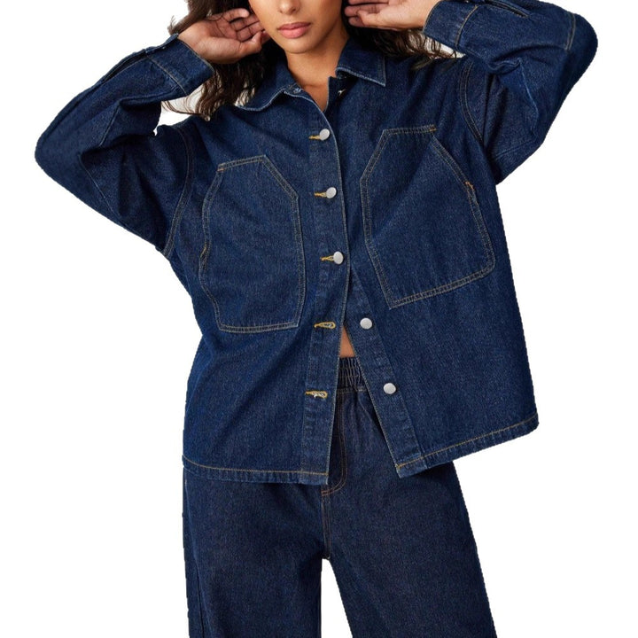 Women's Oversized Denim Jacket with Distinctive Front Pockets and Relaxed Fit Amarae