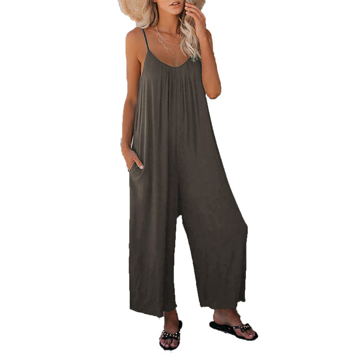 Casual summer jumpsuit for women with plunging neckline and practical pockets Lune London