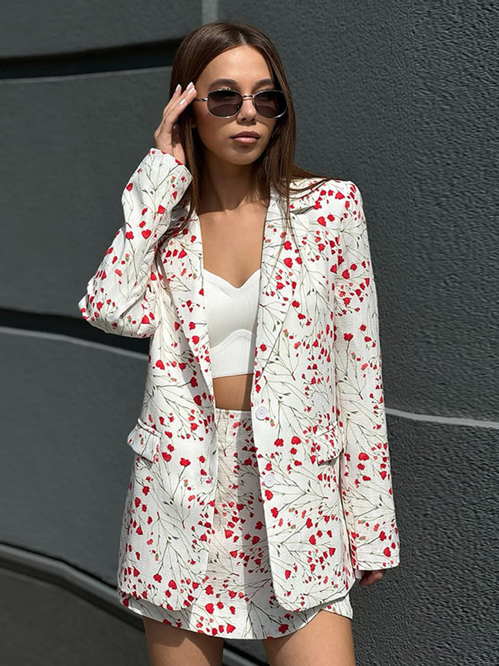 Women Floral Blazer and Mini Skirt Set made of textured Cotton Blend Amarae