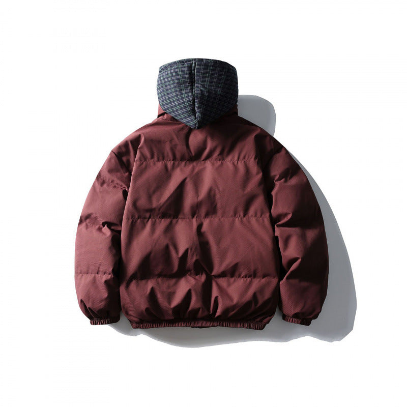 Unisex Padded Puffer Jacket in Boxy Cut with Checkered Insert Hood and High Stand-Up Collar Amarae