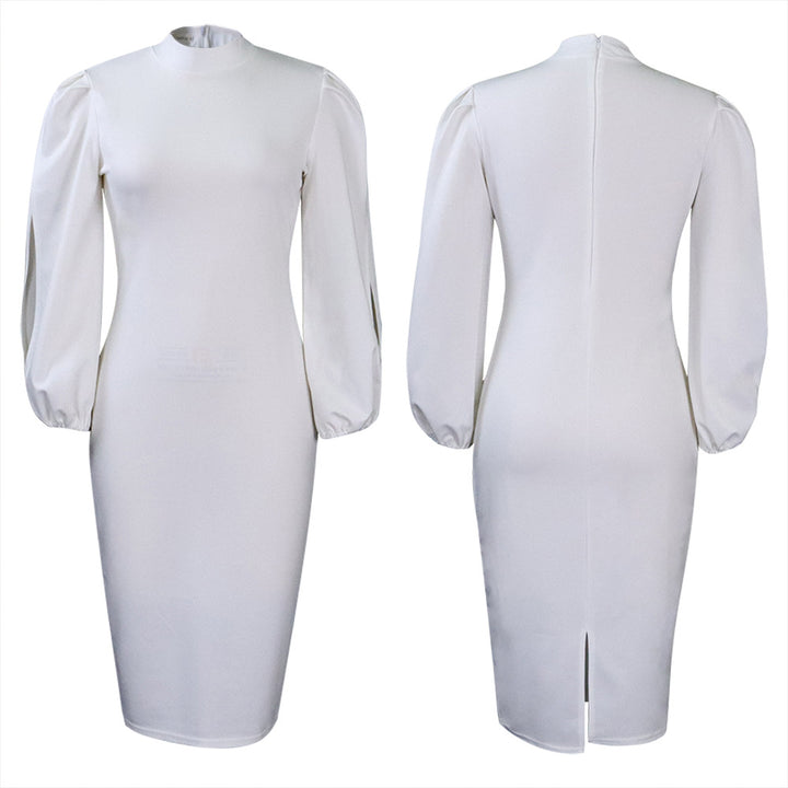 Ladies Elegant Bodycon Dress with Puff Sleeves and High Neck Lune London