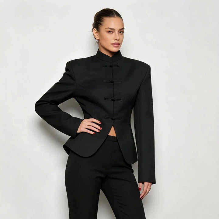 Women's Sculpted Blazer with Stand Collar, Decorative Knot Closures and Tailored Silhouette Amarae