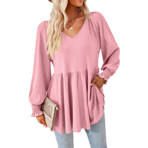 Casual V-neck shirt for women with ruffles and pockets Amarae