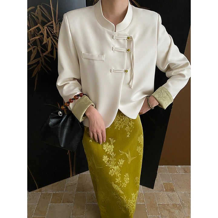 Women's comfortable chiffon jacket with Asian button details Chic & Stil