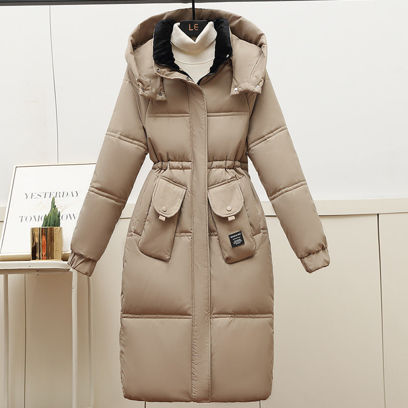Ladies Long Down Jacket with Removable Hood and Large Pockets Lune London