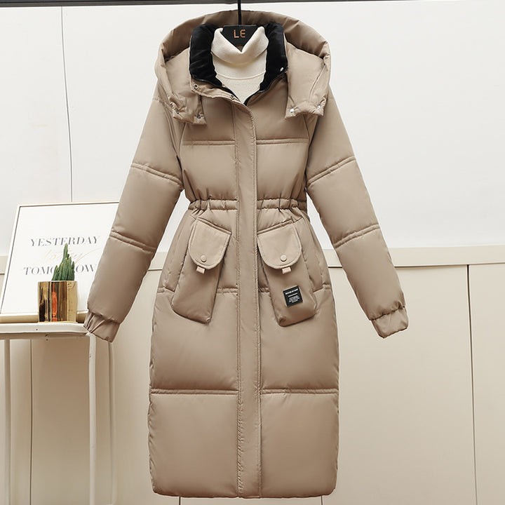 Ladies Long Down Jacket with Removable Hood and Large Pockets Lune London