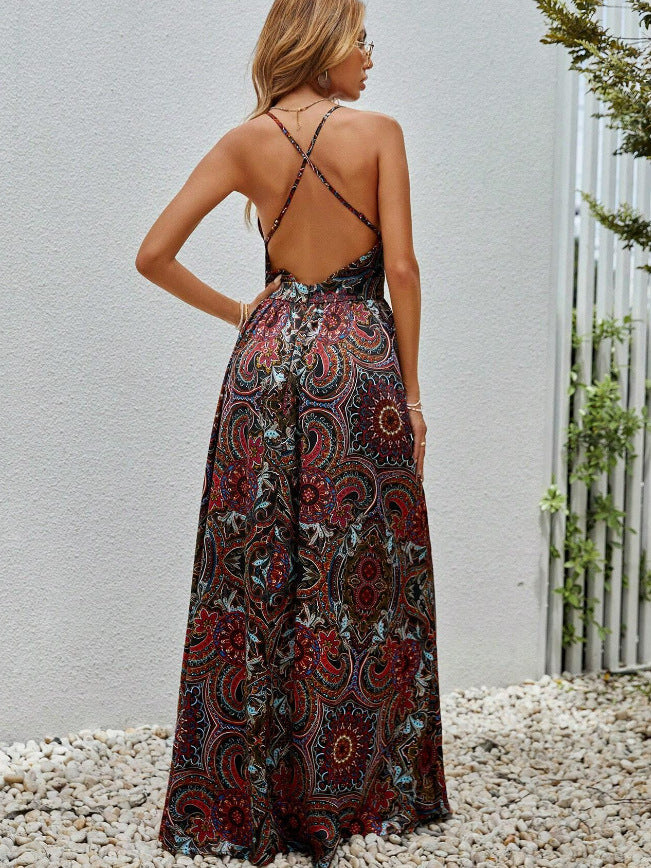 Maxi dress for women with a deep V-neck and floral pattern Lune London