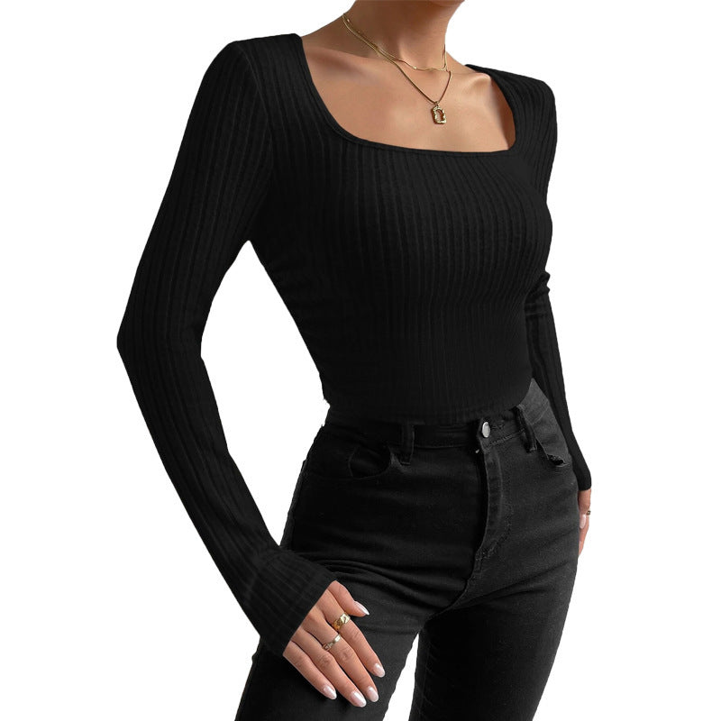 Ladies Long Sleeve Top with Ribbed Design and Rectangle Neckline Amarae
