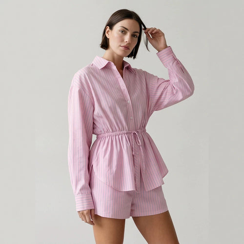 Women's Striped Loungewear Set made of Lightweight Cotton with Drawstring Waist & Shorts Amarae