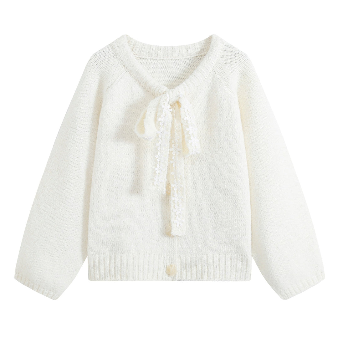 Women's chunky knit pullover with floral lace trim at the neckline Amarae