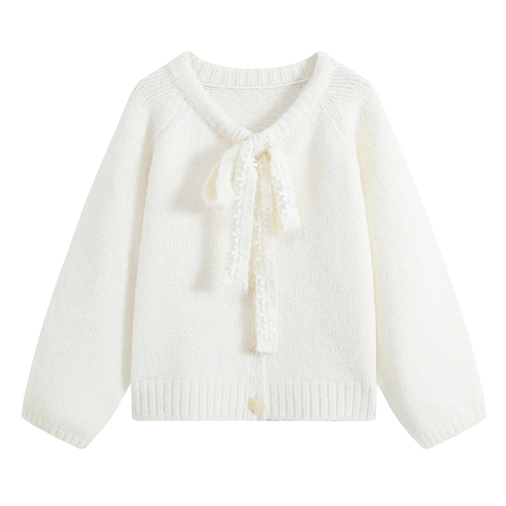 Women's chunky knit pullover with floral lace trim at the neckline Amarae