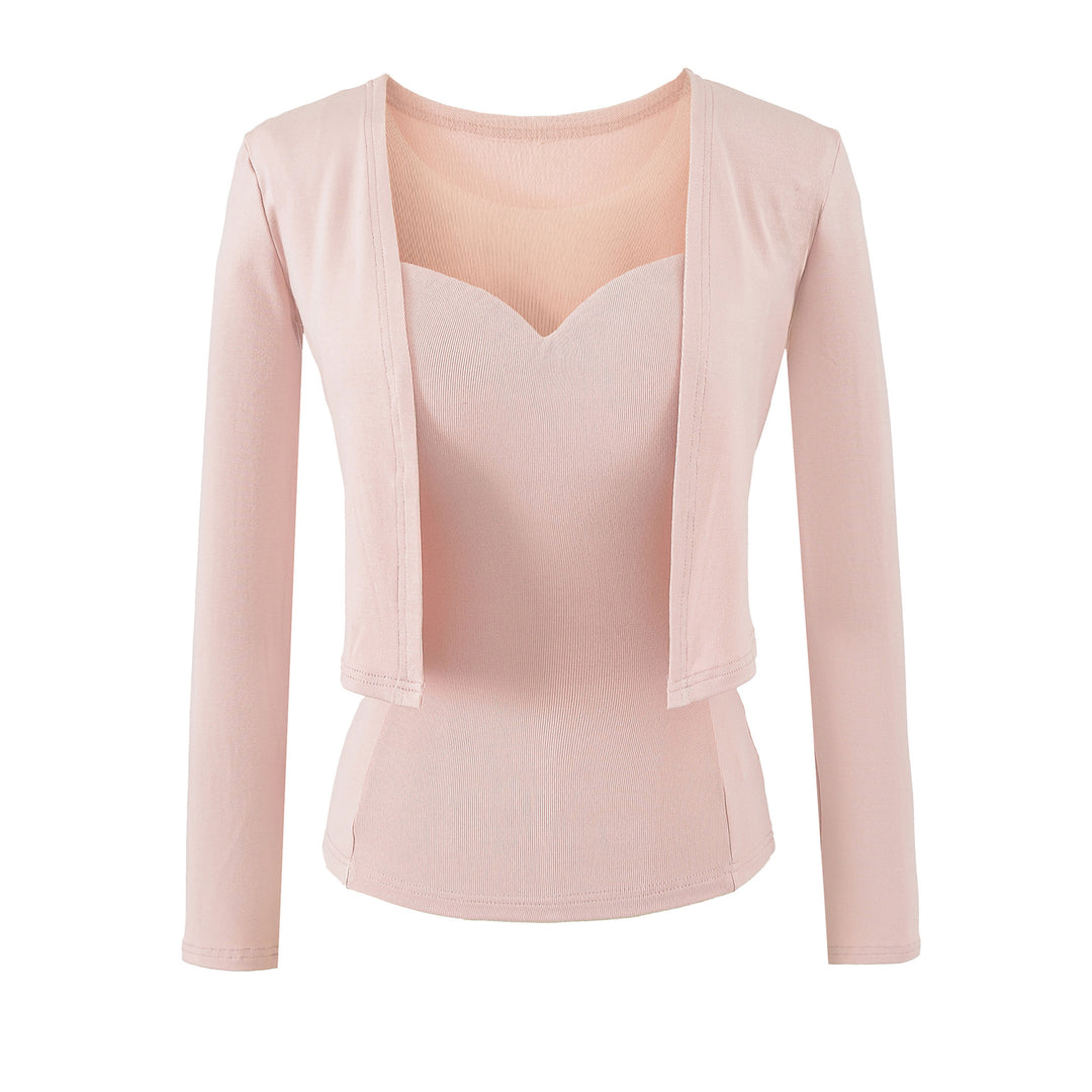Ladies Two-Piece Fine Knit Top Set with Mesh Insert and Open Cardigan Amarae