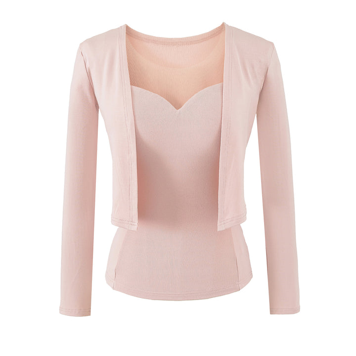Ladies Two-Piece Fine Knit Top Set with Mesh Insert and Open Cardigan Amarae