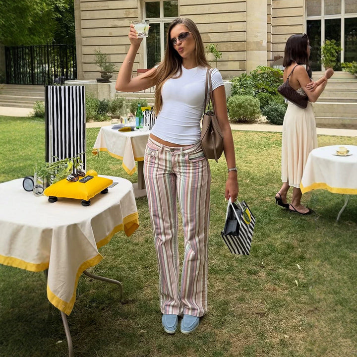 Ladies Striped Linen Trousers with Wide Leg, High Waist and Relaxed Fit Amarae