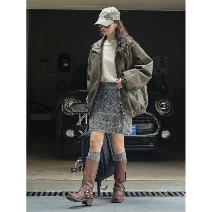 Women's Knitted Check Pattern Mini Skirt with High Waist Amarae