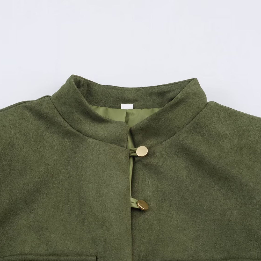 Women's short jacket in Mandarin style made of suede look with patch pockets and decorative buttons Amarae