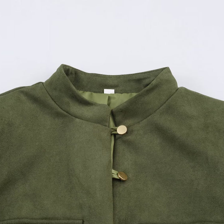 Women's short jacket in Mandarin style made of suede look with patch pockets and decorative buttons Amarae