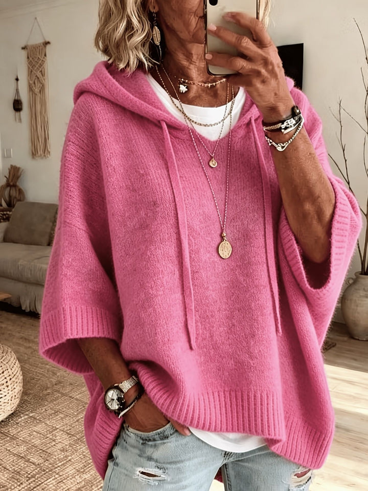 Ladies Oversized Knit Poncho with Hood, Batwing Sleeves and Side Slits Amarae