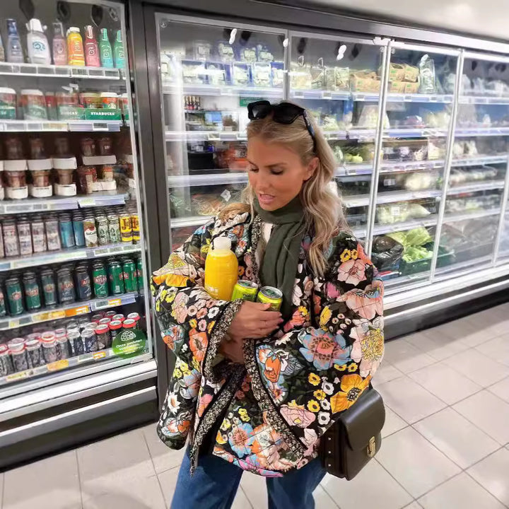 Ladies trendy quilted jacket with floral pattern Lune London