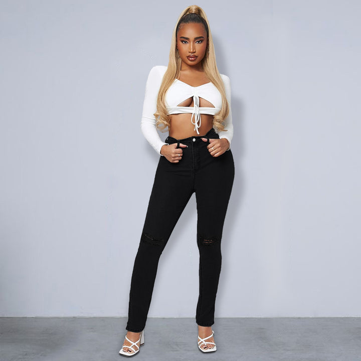 Women's Sculpting High-Waist Skinny Jeans with Knee Slits and Ankle Zippers Amarae