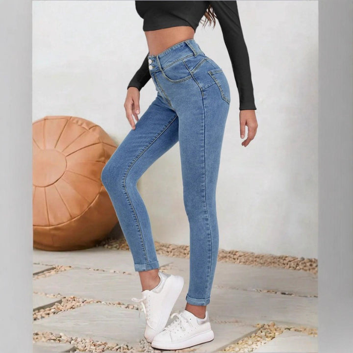 Women High-Waisted Sculpting Skinny Jeans with Double Button and Cuff Detail Amarae
