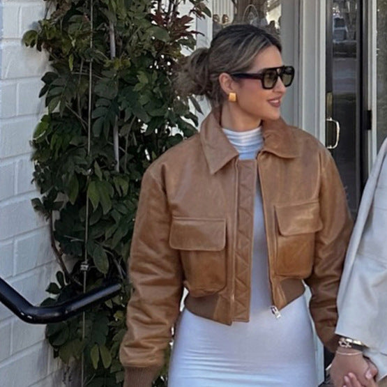 Women's Short Leather-Look Blouson Jacket with Large Flap Pockets and Ribbed Cuff Amarae