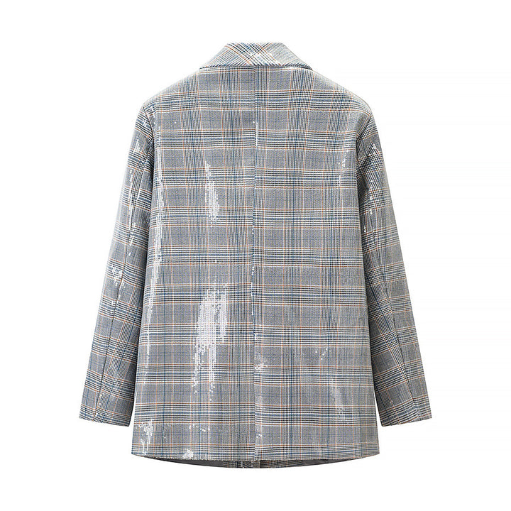Ladies glencheck blazer with sequin trim and patch pockets Amarae