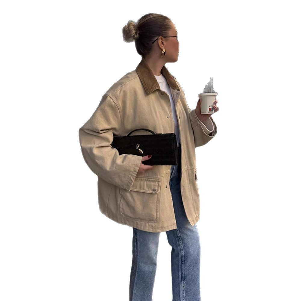 Women's Oversized Field Jacket with Cord Collar, Large Flap Pockets and Snap Button Closure Amarae