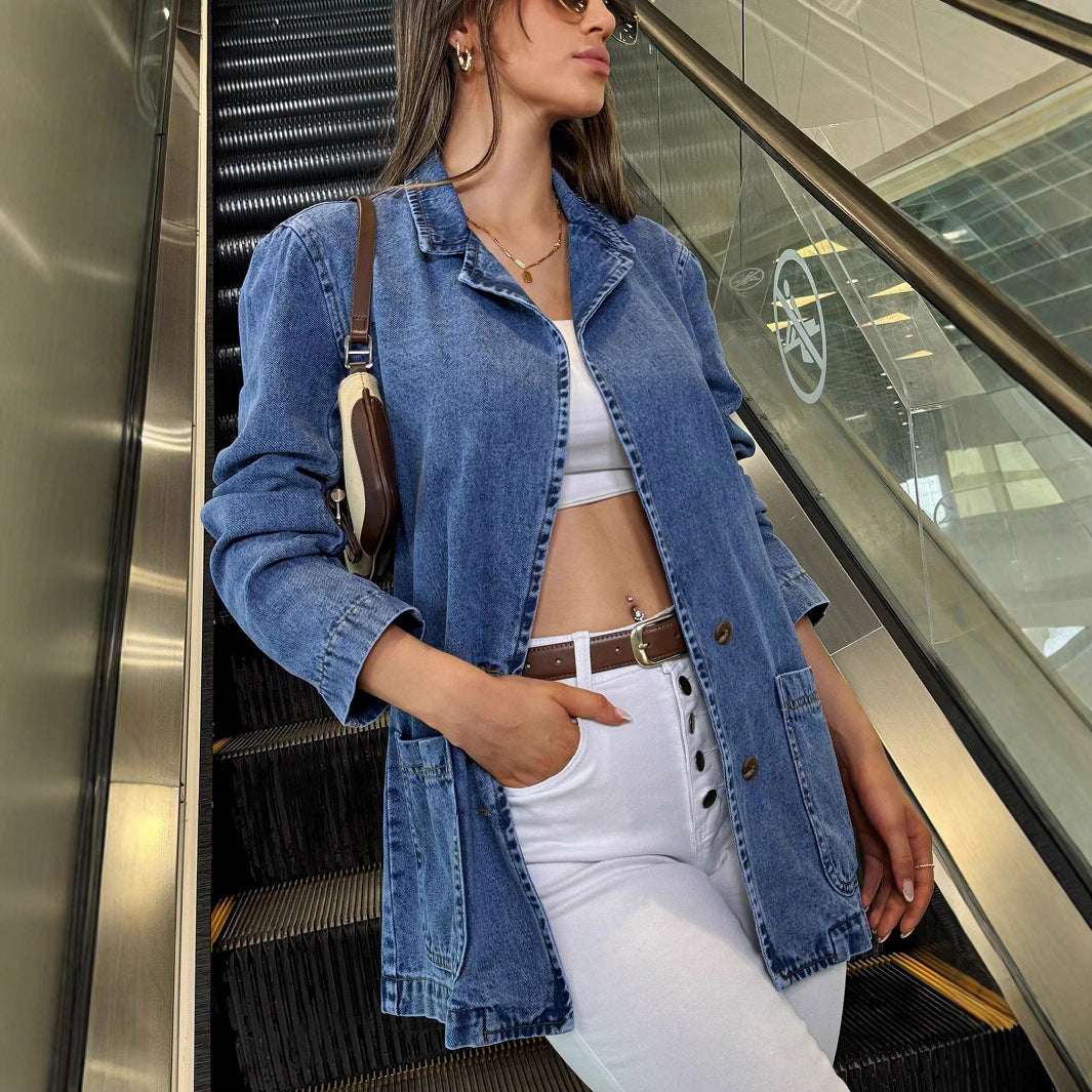 Ladies Longline Denim Jacket with casual oversized cut and patch pockets Amarae