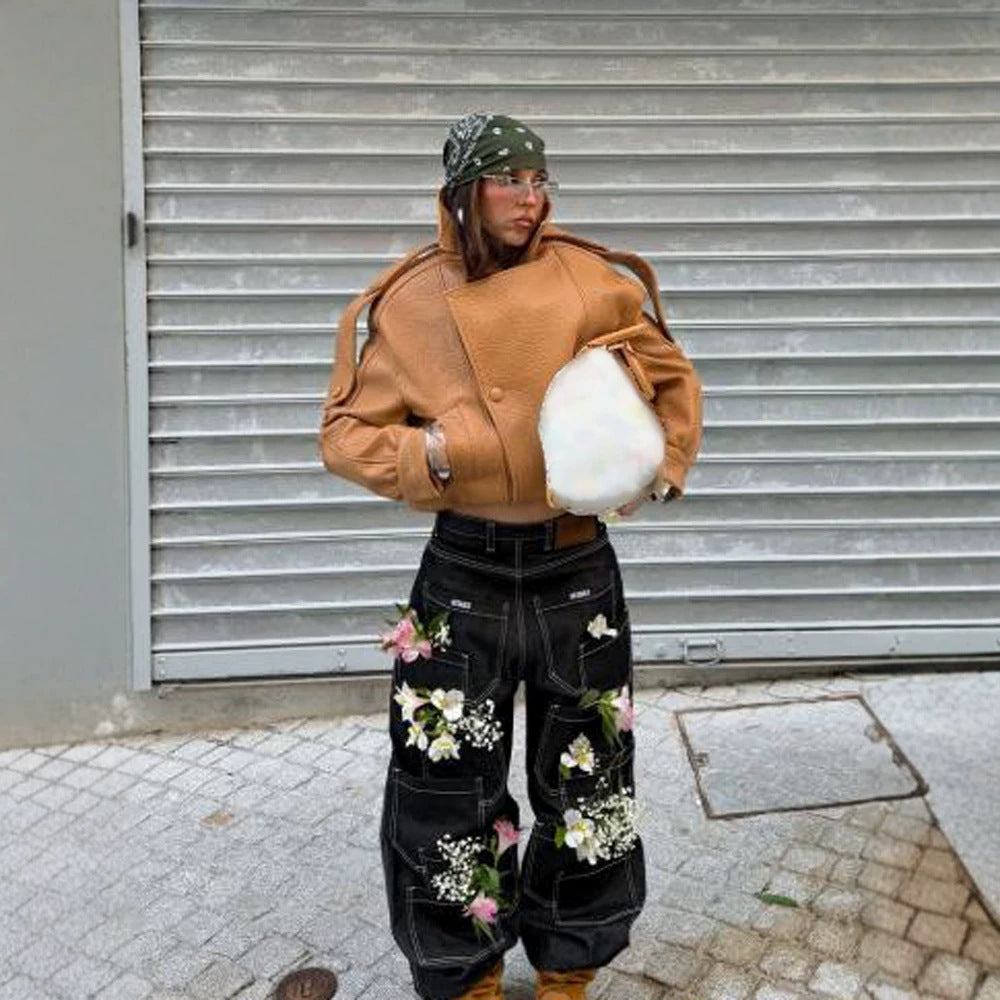 Ladies Cropped Oversized Jacket made of textured synthetic leather with a high stand-up collar Amarae