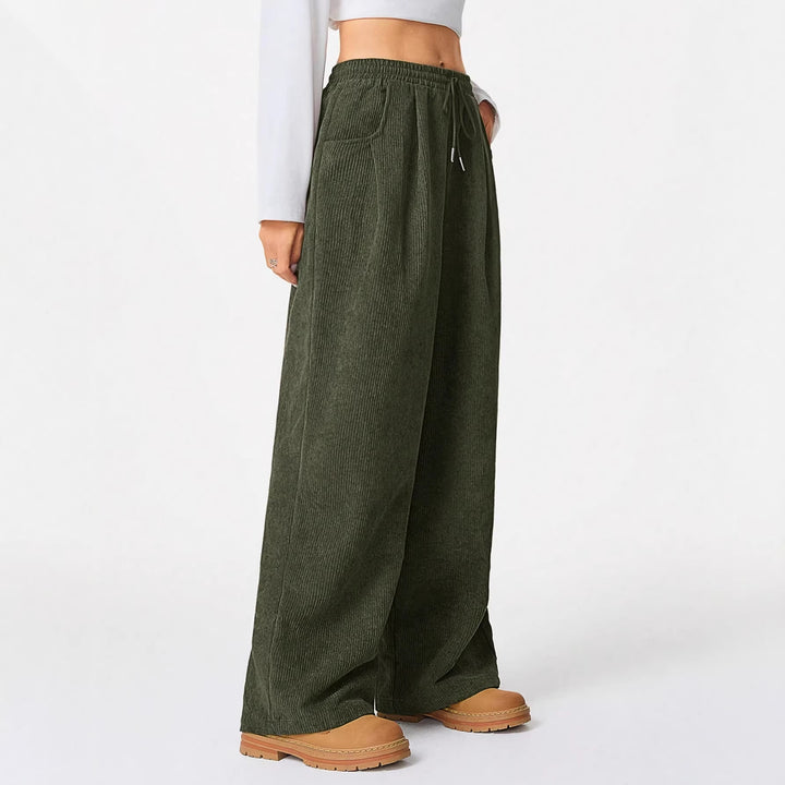 Women's Loose Cord Pants with Elastic Waistband, Drawstring, and Side Pockets Amarae