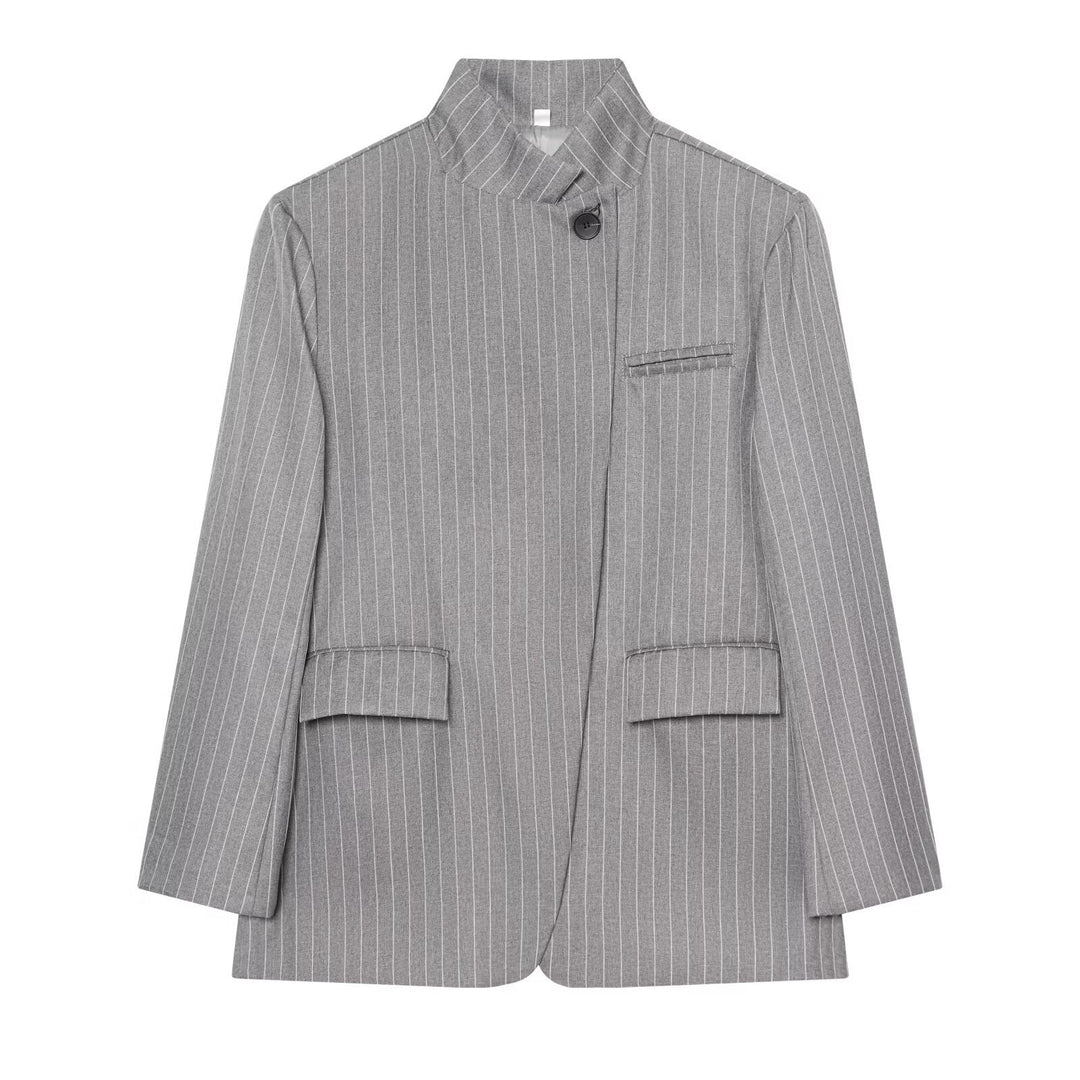 Women Checked Long Blazer with Stand Collar, Concealed Button Placket and Flap Pockets Amarae