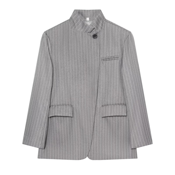 Women Checked Long Blazer with Stand Collar, Concealed Button Placket and Flap Pockets Amarae