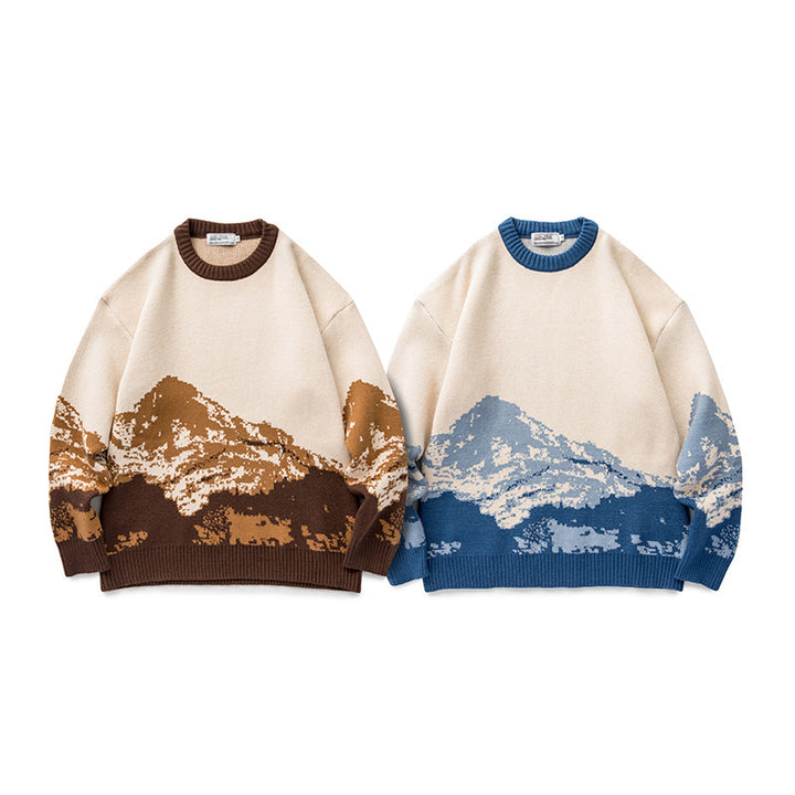 Unisex Oversized knit sweater with mountain jacquard and ribbed round neckline Amarae