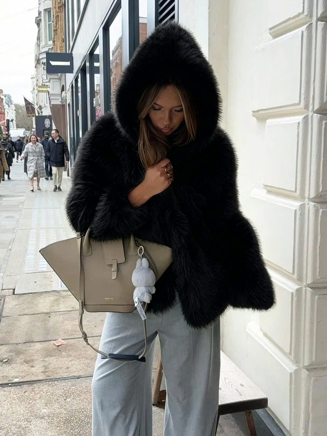 Women's Hooded Faux Fur Short Jacket with Dense Long Pile and Oversize Silhouette Amarae