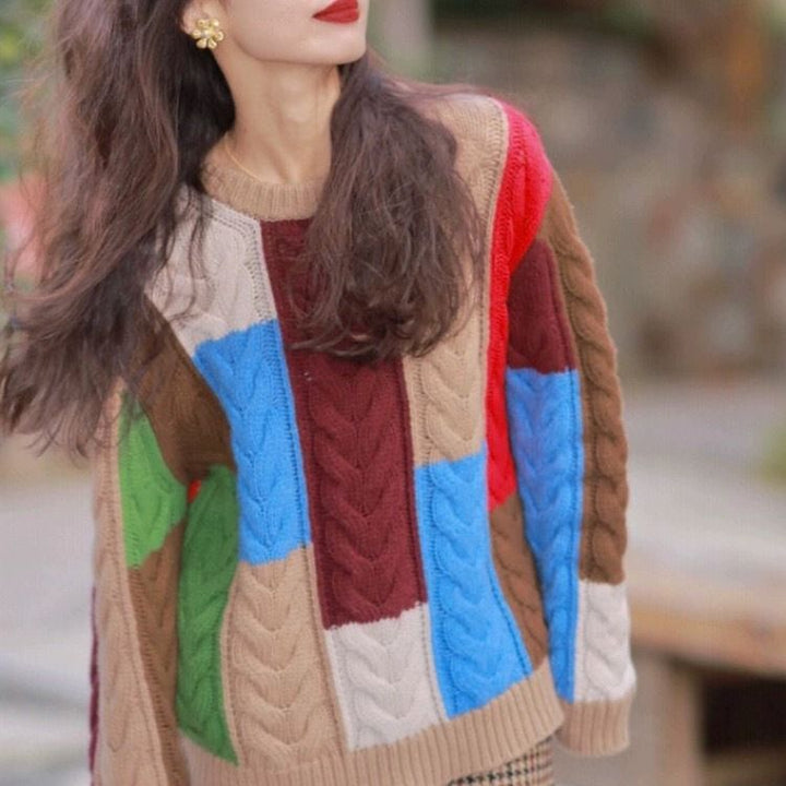 Pull en tricot épais pour femmes avec un motif patchwork accrocheur Chic & Stil