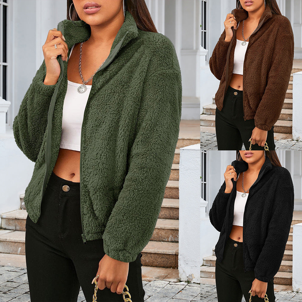 Ladies Comfortable Short Plush Clothing with High Collar and Side Pockets Lune London