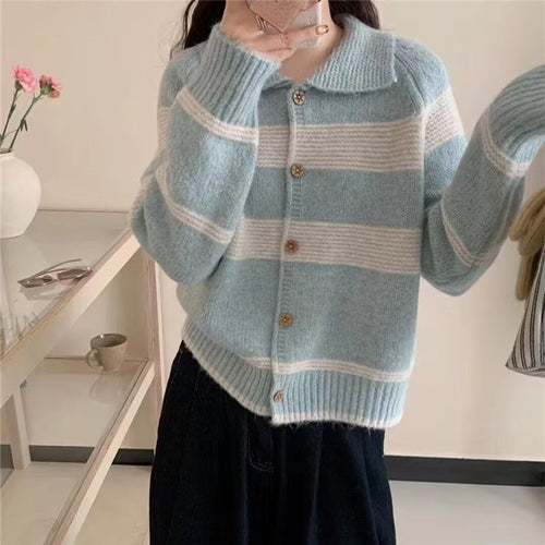 Ladies fashionable knitted cardigan with stylish stripes and wooden buttons Amarae