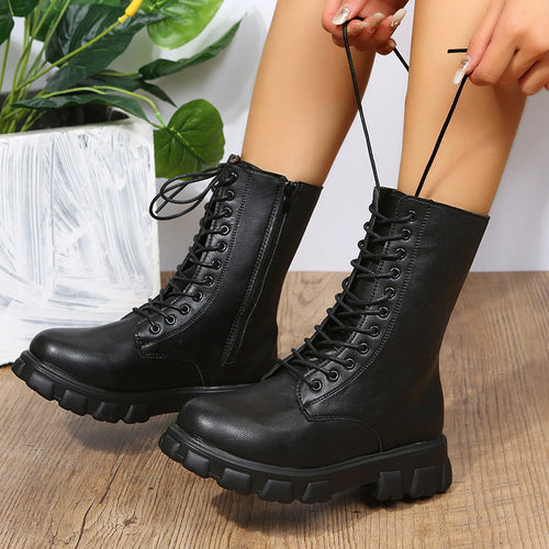 Women’S Lace-Up Boots with A Sturdy Platform and Side Zipper Amarae