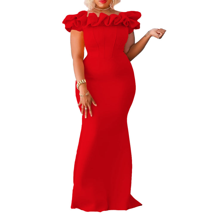 Fitted evening dress for women with voluminous ruffle collar Lune London