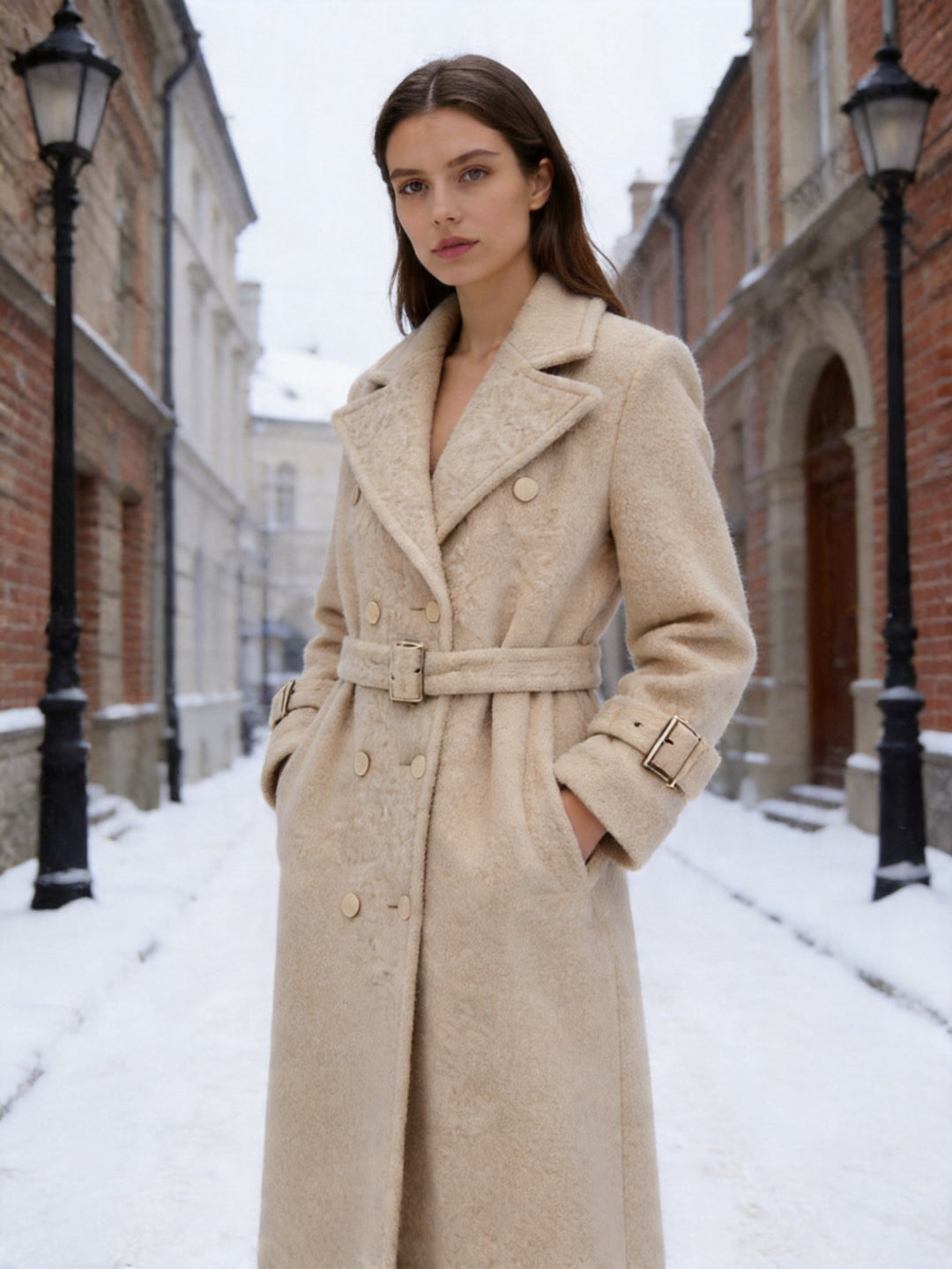 Women Long Teddy Coat in Trench Style with Double-Breasted Button Placket, Tied Belt, and Adjustable Cuffs Amarae