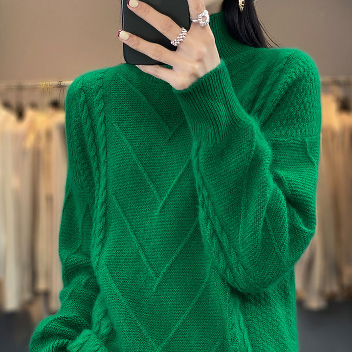 Ladies chunky knit sweater with innovative braid pattern and high turtleneck Lune London