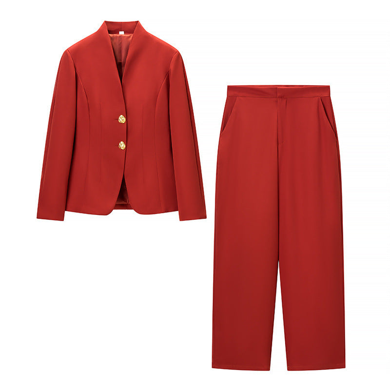 Women's Two-Piece Tailored Suit Set with Stand Collar, Shaping Jacket and Wide Palazzo Pants Amarae