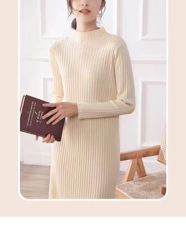 Knit dress for women with a fine ribbed texture and a high collar Lune London