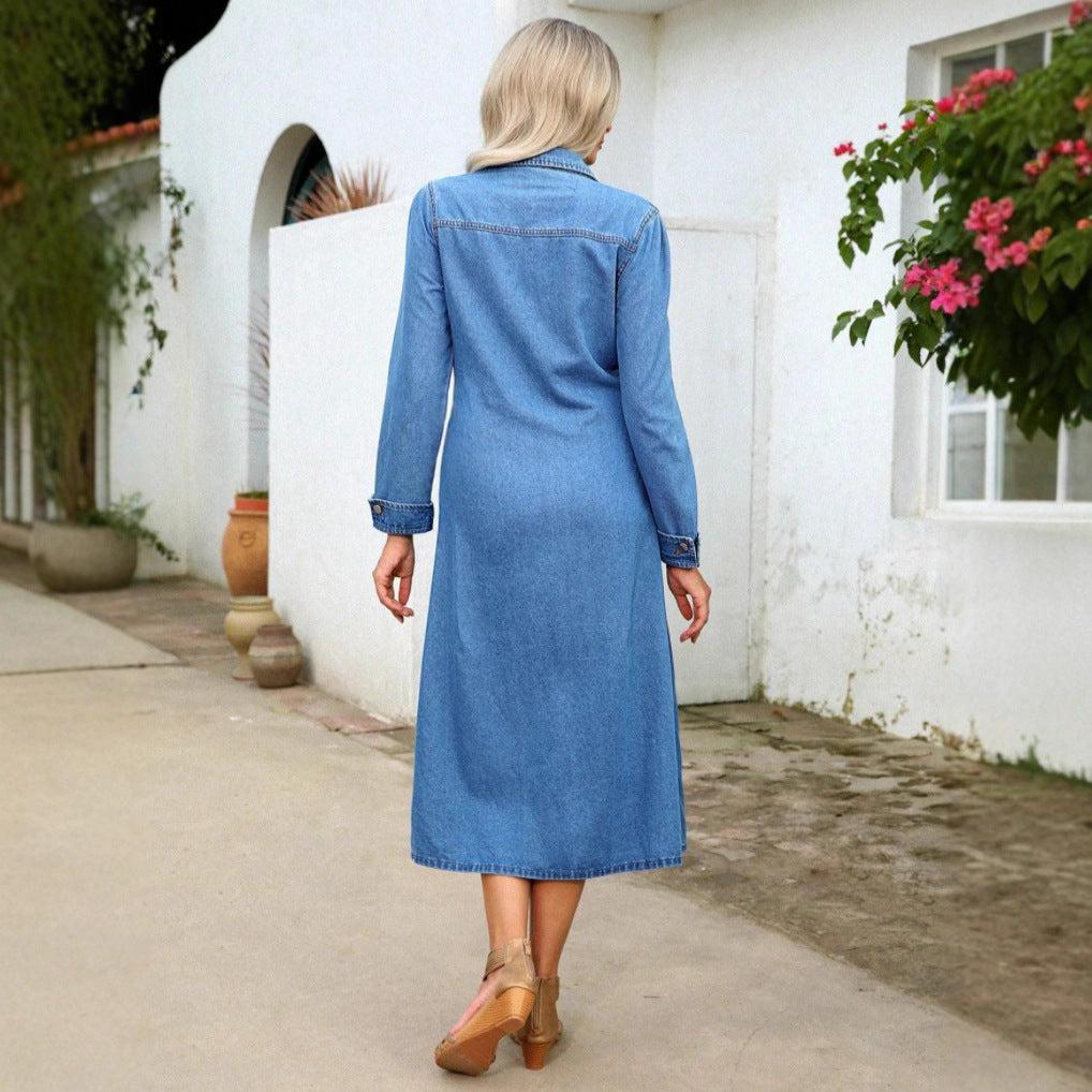 Women's denim midi dress with button placket, tailored fit and chest pockets Amarae