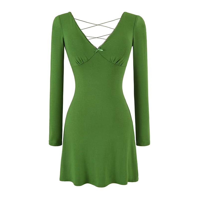 Ladies form-fitting mini dress with a deep V-neckline, gathered bust, and crossed back straps Amarae