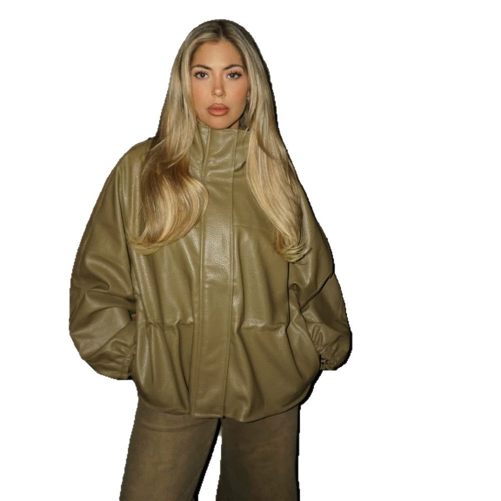 Women Boxy Faux Leather Jacket with High Stand-Up Collar, Drawstring Waist and Balloon Sleeves Amarae